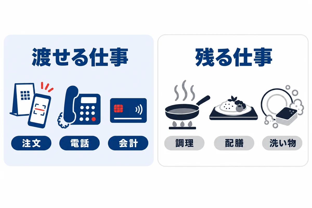 ホール業務の仕分け図。注文・電話・会計は機械に渡せる仕事、調理・配膳・洗い物は人に残る仕事