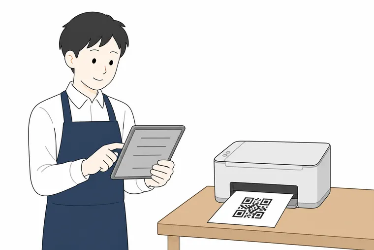 店主がタブレットでメニューを整え、席に置くQRコードを家庭用プリンタで印刷している様子