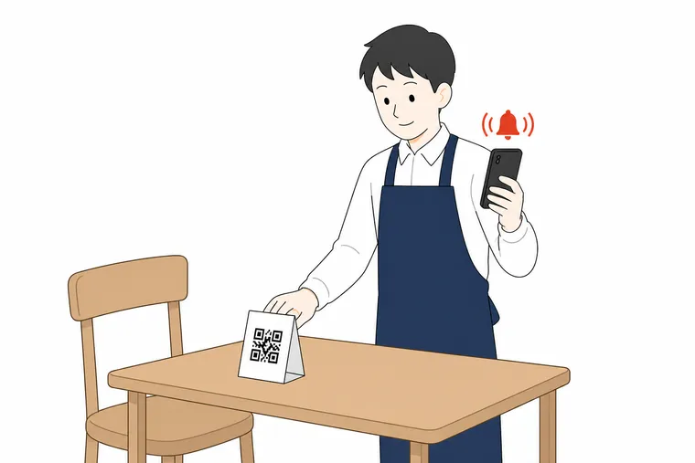 印刷したQRコードの卓上スタンドを客席のテーブルに置き、店主のスマートフォンに注文が音で届く様子